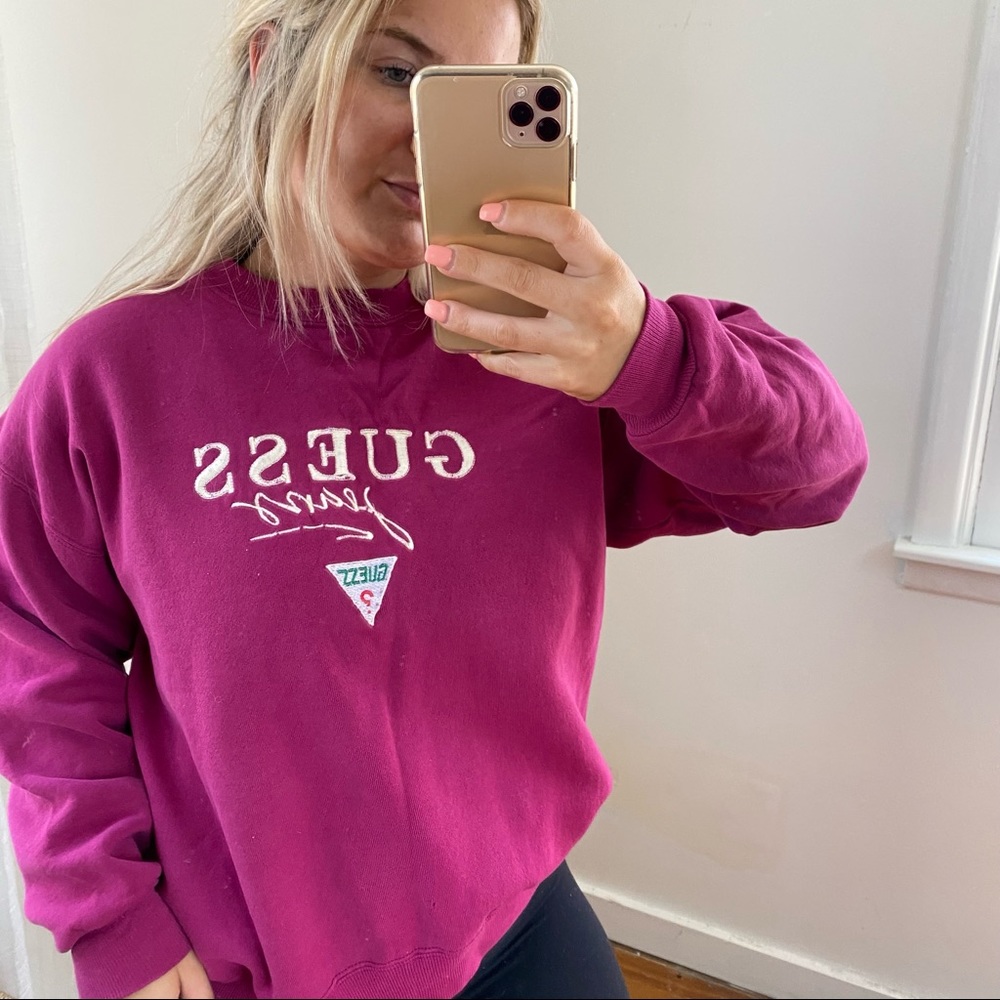 Guess Jeans Vintage Y2K Crewneck Maroon Spellout Sweatshirt Medium - Picture 3 of 9